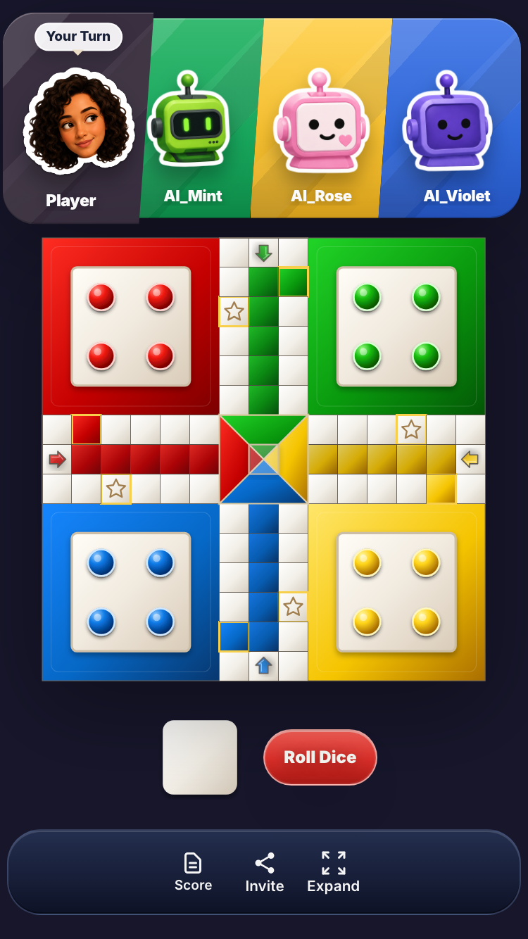 Ludo running in the PlayFaceToFace mobile game interface